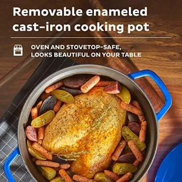 Instant Electric Round Dutch Oven, 6-Quart 1500W, From the Makers of Instant Pot, 5-in-1: Braise, Slow Cook, Sear/Sauté, Cooking Pan, Food Warmer, Enameled Cast Iron, Included Recipe Book, Blue