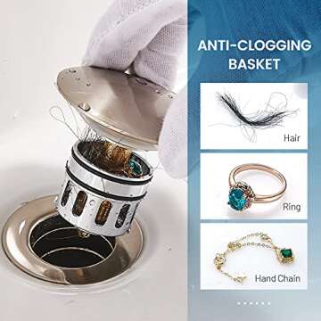 Vessel Sink Drain,Bathroom Pop-up Drain with Detachable Basket Stopper, Anti-Explosion and Anti-Clogging Drain Strainer, Sink Drain Assembly with Overflow Brushed Nickel, REGALMIX RWF083J