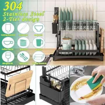 XLMYS Dish Drying Rack, 2 Tier Large Dish Drying Rack for Kitchen Counter with Drainboard Stainless Steel Dish Drainer for Dish/Knifes/Cup/Cutting Board, Black