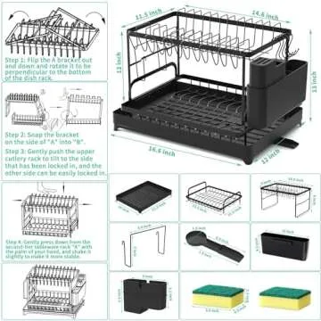XLMYS Dish Drying Rack, 2 Tier Large Dish Drying Rack for Kitchen Counter with Drainboard Stainless Steel Dish Drainer for Dish/Knifes/Cup/Cutting Board, Black