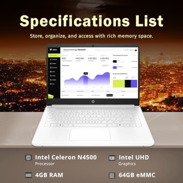 HP 14" HD Student Laptop - Intel Celeron, 4GB RAM, 64GB eMMC, Lightweight & Fast