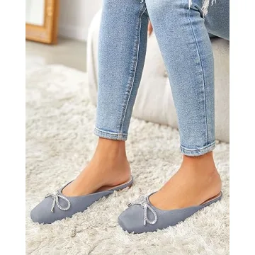 Coutgo Mules for Women, Flat Backless Comfort Loafer with Square Toe, Casual Slip on with Rhinestone Bow (10,Bluish Grey)