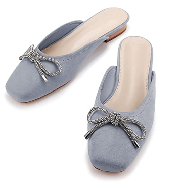 Coutgo Mules for Women, Flat Backless Comfort Loafer with Square Toe, Casual Slip on with Rhinestone Bow (10,Bluish Grey)
