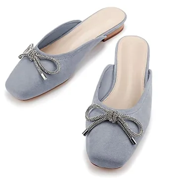 Coutgo Mules for Women, Flat Backless Comfort Loafer with Square Toe, Casual Slip on with Rhinestone Bow (10,Bluish Grey)