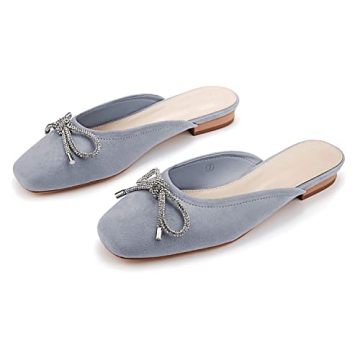 Coutgo Mules for Women, Flat Backless Comfort Loafer with Square Toe, Casual Slip on with Rhinestone Bow (10,Bluish Grey)