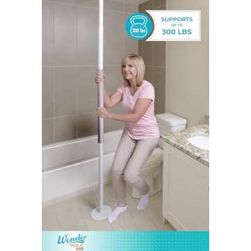 Stander Wonder Pole Slim, Tension Mounted Security-Pole, Elderly Floor to Ceiling Transfer-Pole for Seniors, Bathroom Grab Bar Stability Rail with Padded Handle, White