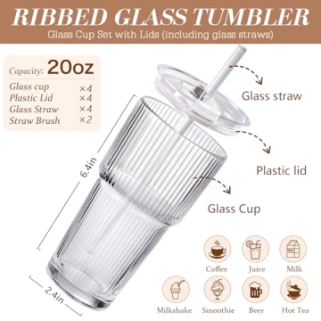 Iced Coffee Cups with Lids - Stylish 20oz Ribbed Glass Tumblers with Straw (Set of 4)