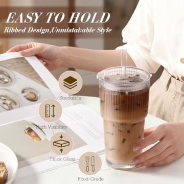 Iced Coffee Cups with Lids - 20oz Ribbed Glass Tumblers