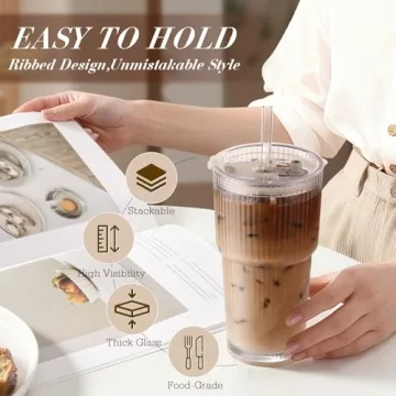 Iced Coffee Cups with Lids - 20oz Ribbed Glass Tumblers