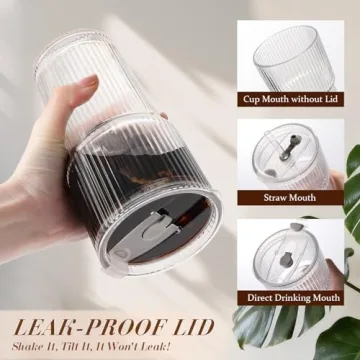 Iced Coffee Cups with Lids - 20oz Ribbed Glass Tumblers