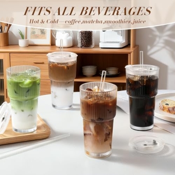 Iced Coffee Cups with Lids - 20oz Ribbed Glass Tumblers
