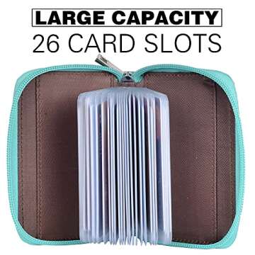 Easyoulife Genuine Leather Credit Card Holder Zipper Wallet With 26 Card Slots(Glitter Teal)