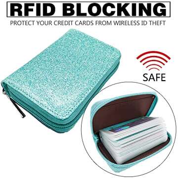 Easyoulife Genuine Leather Credit Card Holder Zipper Wallet With 26 Card Slots(Glitter Teal)
