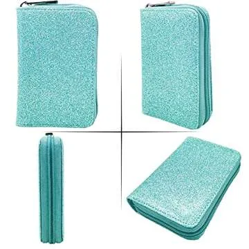 Easyoulife Genuine Leather Credit Card Holder Zipper Wallet With 26 Card Slots(Glitter Teal)