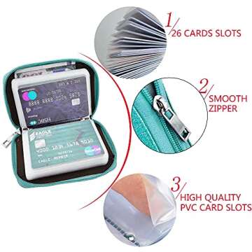 Easyoulife Genuine Leather Credit Card Holder Zipper Wallet With 26 Card Slots(Glitter Teal)