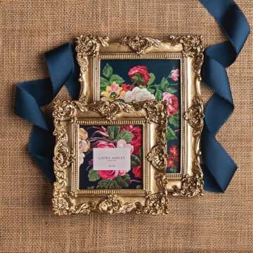 Laura Ashley 4x4 Gold Ornate Textured Hand-Crafted Resin Picture Frame with Easel & Hook for Tableto...