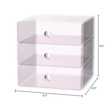 iDesign Plastic 3-Drawer Jewelry Box, Compact Storage Organization Drawers Set for Cosmetics, Dental Supplies, Hair Care, Bathroom, Office, Dorm, Desk, Countertop, 6.5" x 6.5" x 6.5", Pink,35376