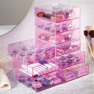 iDesign Plastic 3-Drawer Jewelry Box, Compact Storage Organization Drawers Set for Cosmetics, Dental Supplies, Hair Care, Bathroom, Office, Dorm, Desk, Countertop, 6.5" x 6.5" x 6.5", Pink,35376