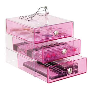 iDesign Plastic 3-Drawer Jewelry Box, Compact Storage Organization Drawers Set for Cosmetics, Dental Supplies, Hair Care, Bathroom, Office, Dorm, Desk, Countertop, 6.5" x 6.5" x 6.5", Pink,35376