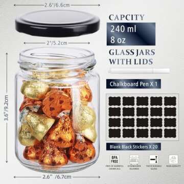 Folinstall 8 oz Small Glass Jars with Airtight Lids, 20 Pcs Candle Jars for Candle Making, Wedding Party, Empty Food Storage Jars for Spices, Honey, Jam, Candy, Cookies, Pudding, Yogurt, Dessert