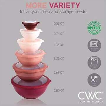 COOK WITH COLOR Mixing Bowls with TPR Lids - 12 Piece Plastic Nesting Bowls Set includes 6 Prep Bowls and 6 Lids, Microwave Safe (Rose)
