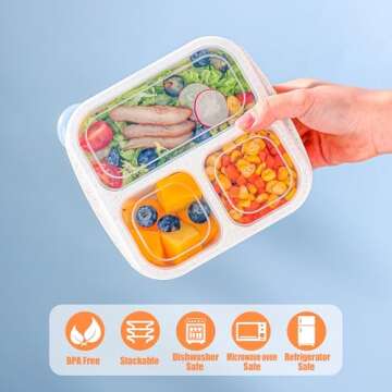 Bento Box For Kids, 4 Pack 3 Compartments Meal Prep Containers Reusable Lunch Containers, Food Stora...