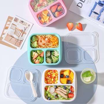 Bento Box For Kids, 4 Pack 3 Compartments Meal Prep Containers Reusable Lunch Containers, Food Storage Containers With Lids, Stackable Snack Boxes for School, Work, and Travel