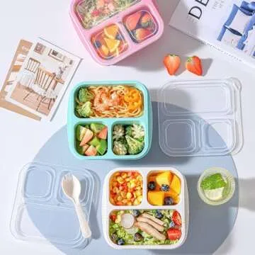 Bento Box For Kids, 4 Pack 3 Compartments Meal Prep Containers Reusable Lunch Containers, Food Storage Containers With Lids, Stackable Snack Boxes for School, Work, and Travel