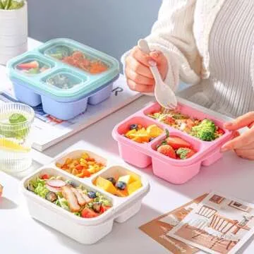 Bento Box For Kids, 4 Pack 3 Compartments Meal Prep Containers Reusable Lunch Containers, Food Storage Containers With Lids, Stackable Snack Boxes for School, Work, and Travel