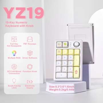 YUNZII YZ19 Wireless Mechanical Number Pad,19 Keys Numeric Keypad with Knob, RGB Gasket PBT Keycaps ...