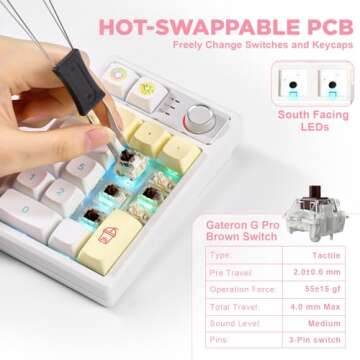 YUNZII YZ19 Wireless Mechanical Number Pad,19 Keys Numeric Keypad with Knob, RGB Gasket PBT Keycaps Hot Swappable Programmable Keyboard, Number Keypad for Win/Mac/Gaming(Gateron Brown Switch,Macaron)