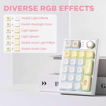 YUNZII YZ19 Wireless Mechanical Number Pad,19 Keys Numeric Keypad with Knob, RGB Gasket PBT Keycaps Hot Swappable Programmable Keyboard, Number Keypad for Win/Mac/Gaming(Gateron Brown Switch,Macaron)
