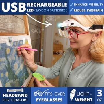 Vision Aid Magnifying Glasses with LED Light, 5 Lenses, Headband, Storage Case | Hands Free Lighted ...