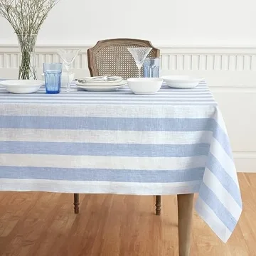 Solino Home Cabana Stripe Linen Tablecloth 108" L x 60" W Inch – 100% Pure Linen Sky Blue and Whit...