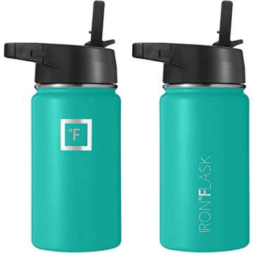IRON °FLASK Camping & Hiking Hydration Flask with 3 Lids - Stainless Steel, Double Walled & Vacuum Insulated Water Bottle - Leak Proof & BPA Free (Aquamarine, Straw - 14 oz)