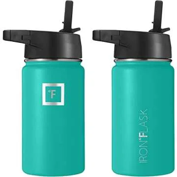 IRON °FLASK Camping & Hiking Hydration Flask with 3 Lids - Stainless Steel, Double Walled & Vacuum Insulated Water Bottle - Leak Proof & BPA Free (Aquamarine, Straw - 14 oz)