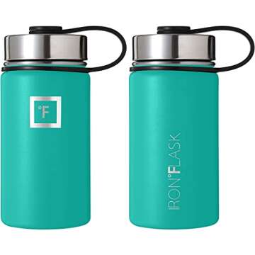IRON °FLASK Camping & Hiking Hydration Flask with 3 Lids - Stainless Steel, Double Walled & Vacuum Insulated Water Bottle - Leak Proof & BPA Free (Aquamarine, Straw - 14 oz)