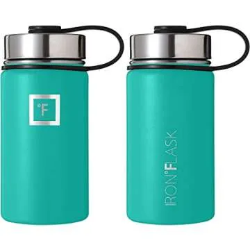 IRON °FLASK Camping & Hiking Hydration Flask with 3 Lids - Stainless Steel, Double Walled & Vacuum Insulated Water Bottle - Leak Proof & BPA Free (Aquamarine, Straw - 14 oz)