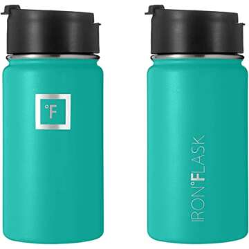 IRON °FLASK Camping & Hiking Hydration Flask with 3 Lids - Stainless Steel, Double Walled & Vacuum Insulated Water Bottle - Leak Proof & BPA Free (Aquamarine, Straw - 14 oz)