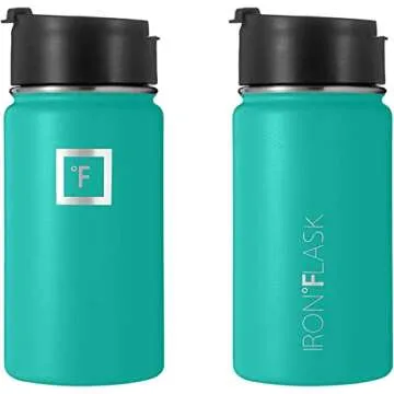 IRON °FLASK Camping & Hiking Hydration Flask with 3 Lids - Stainless Steel, Double Walled & Vacuum Insulated Water Bottle - Leak Proof & BPA Free (Aquamarine, Straw - 14 oz)