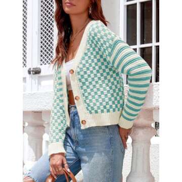 Saodimallsu Womens Checkered Cardigan Sweaters Striped Cropped Button Fall Trendy Open Front Knit Sweater Coats