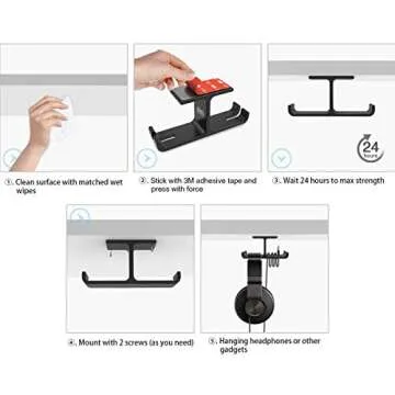 6amLifestyle Headphone Headset Stand Holder Under Desk Dual Headsets Hanger Mount Aluminum, Stick-On Hooks Universal for All Headphones, Black (Patented)