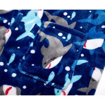 AINIBAB Boys Girls Robe Toddler Hooded Shark Plush Bathrobe for Boys Girls (Blue shark, 4-5T)
