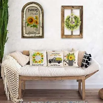 KACOPOL Country Market Sunflowers Pillow Covers Rustic Farmhouse Vintage Truck Sunflower Seeds Farm Decor Throw Pillow Case Cushion Cover for Sofa Couch 18" x 18" Set of 4(Yellow Sunflower)