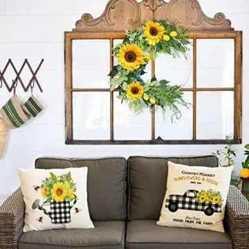 KACOPOL Country Market Sunflowers Pillow Covers Rustic Farmhouse Vintage Truck Sunflower Seeds Farm Decor Throw Pillow Case Cushion Cover for Sofa Couch 18" x 18" Set of 4(Yellow Sunflower)