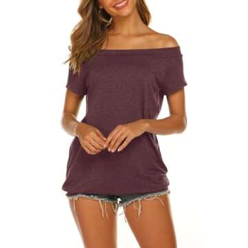 Halife Summer Clothes for Women Sexy Off Shoulder Tops Short Sleeves Wine Red M