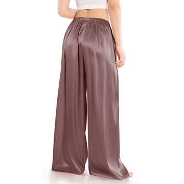 Wantschun Womens Wide Leg Pajama Pants Satin Silk Casual Loose Elastic Waist Lounge Pants Pj Bottoms Longer Length - Brown ; S