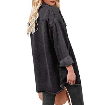 Vetinee Women's Button Down Frayed Raw Hem Long Sleeve Denim Jean Shacket