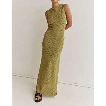 ROAONOCOMO Women Crochet Knit Maxi Dresses Y2K Hollow Out Long Dresses Halter Neck Bodycon Dress Ret...