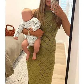 ROAONOCOMO Women Crochet Knit Maxi Dresses Y2K Hollow Out Long Dresses Halter Neck Bodycon Dress Retro Summer Beachwear